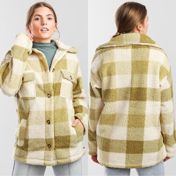Billabong Fairbanks Fleece Shearling Yellow Plaid Jacket SZ XS - Picture 3 of 8